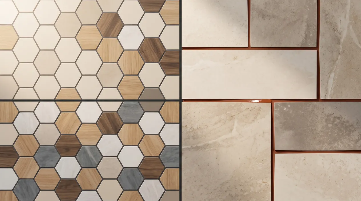 Stylized illustration of a hexagonal mosaic floor tile pattern easing into large-format stone-look wall tile, rendered in raking light with a visible grout seam, not a photograph of an actual installation