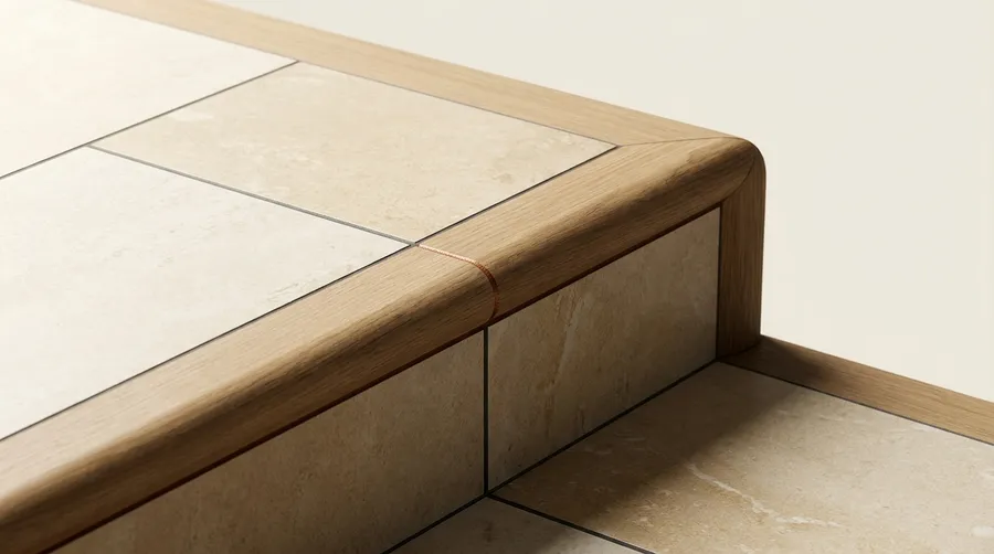 Stylized macro detail of a tile threshold reveal and stair-nosing edge, cropped close, not a photograph of an actual room